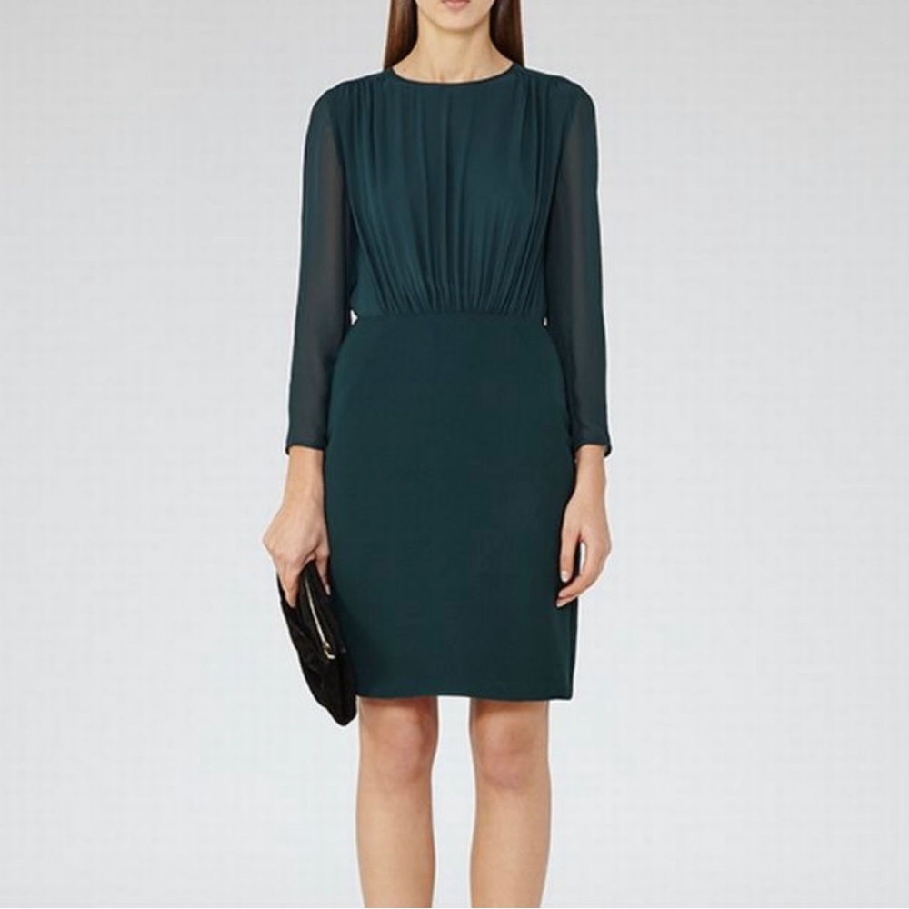 REISS Emerald Green Lorna Evening Dress Pleated Sheath Women's Size 4